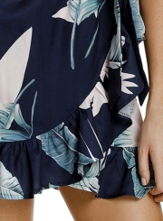 Tropical Leaf Print Navy Off Shoulder Summer Dress