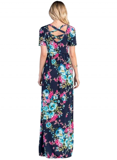Rosy Aqua Floral Pattern Short Sleeve Summer Maxi Dress in Navy STYLESIMO.com