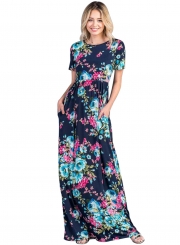 Rosy Aqua Floral Pattern Short Sleeve Summer Maxi Dress in Navy
