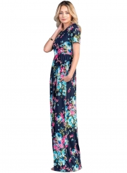 Rosy Aqua Floral Pattern Short Sleeve Summer Maxi Dress in Navy