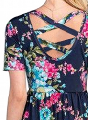 Rosy Aqua Floral Pattern Short Sleeve Summer Maxi Dress in Navy