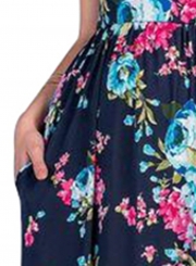 Rosy Aqua Floral Pattern Short Sleeve Summer Maxi Dress in Navy