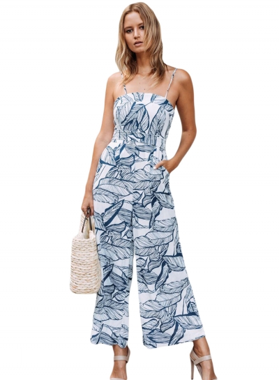 Navy Leaf Vein Print White Wide Leg Women Jumpsuit