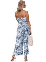 Navy Leaf Vein Print White Wide Leg Women Jumpsuit