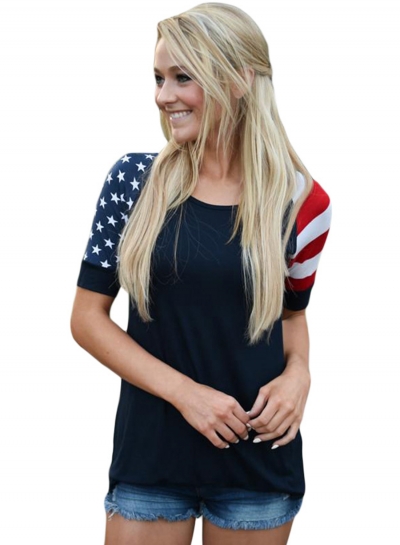 Black Stars Stripes Short Sleeve Women Tee LEXELFASHIONINTSHOPS.com