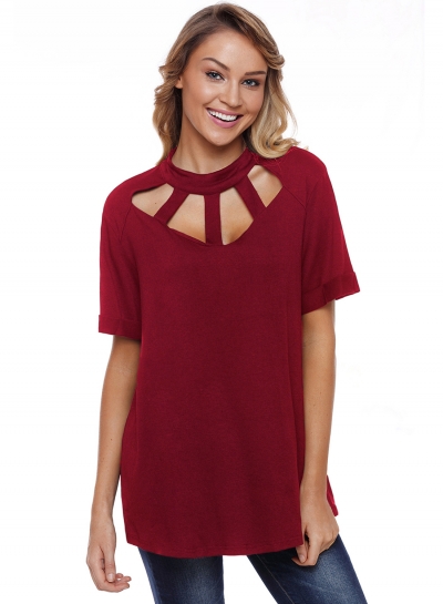 Summer Loose Burgundy Cage Design High Neck Tee LEXELFASHIONINTSHOPS.com