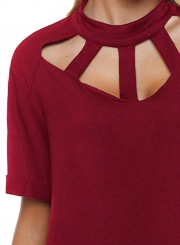 Summer Loose Burgundy Cage Design High Neck Tee