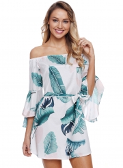 Tropical Leaf Print Flare Sleeve White Off Shoulder Women Dress