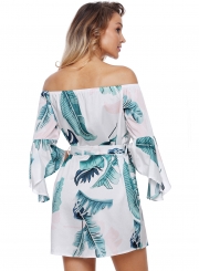 Tropical Leaf Print Flare Sleeve White Off Shoulder Women Dress