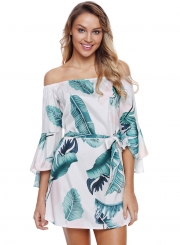 Tropical Leaf Print Flare Sleeve White Off Shoulder Women Dress