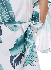 Tropical Leaf Print Flare Sleeve White Off Shoulder Women Dress