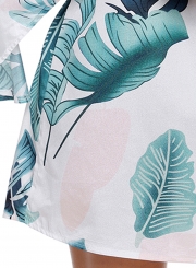 Tropical Leaf Print Flare Sleeve White Off Shoulder Women Dress