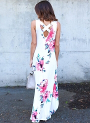 White Floral Pocketed Holiday Maxi Boho Dress