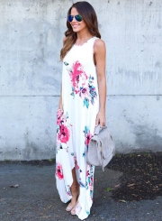 White Floral Pocketed Holiday Maxi Boho Dress