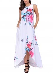 White Floral Pocketed Holiday Maxi Boho Dress