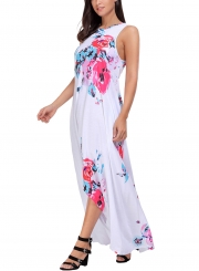 White Floral Pocketed Holiday Maxi Boho Dress