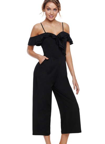 Black Ruffle Neckline Women Jumpsuit with Pockets LEXELFASHIONINTSHOPS.com