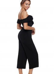 Black Ruffle Neckline Women Jumpsuit with Pockets