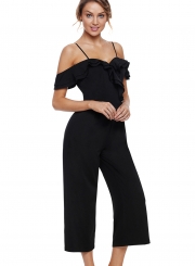 Black Ruffle Neckline Women Jumpsuit with Pockets