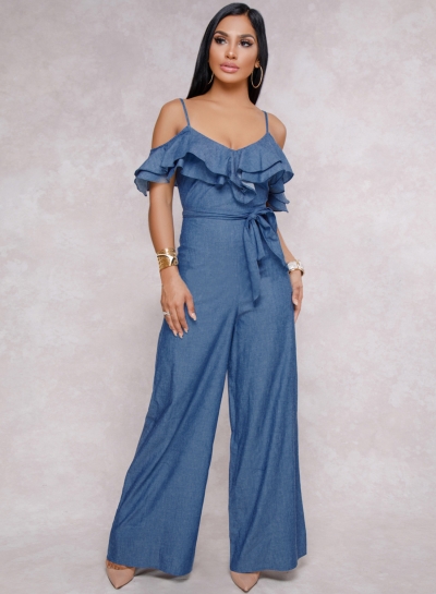 Solid Ruffle Spaghetti Strap Off The Shoulder Waist Tie Wide Leg Jumpsuit