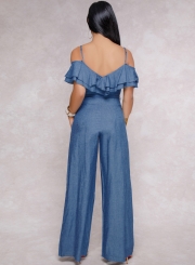 Solid Ruffle Spaghetti Strap Off The Shoulder Waist Tie Wide Leg Jumpsuit