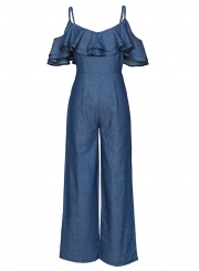 Solid Ruffle Spaghetti Strap Off The Shoulder Waist Tie Wide Leg Jumpsuit