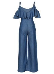 Solid Ruffle Spaghetti Strap Off The Shoulder Waist Tie Wide Leg Jumpsuit