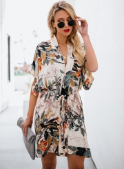 Fashion Loose Floral Printed Waist Tie Short Sleeve V Neck Midi Dress