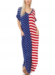 Loose The Stars and Stripes V-Neck Pocket Women Maxi Dress