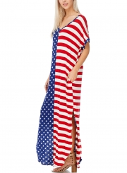 Loose The Stars and Stripes V-Neck Pocket Women Maxi Dress