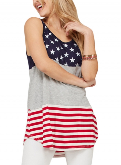 Gray Sleeveless Colorblock American Flag Print Women Tank Top STYLESIMO.com
