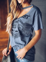 Summer Casual Bicycle Printed Short Sleeve V Neck Women Tee Shirt