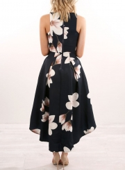 Irregular Floral Printed Sleeveless V Neck Women Maxi Dress With Zip