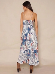 Floral Printed Spaghetti Strap Sleeveless High Waist Swing Maxi Dress