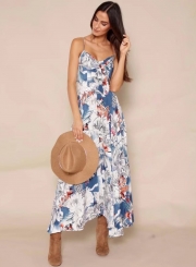 Floral Printed Spaghetti Strap Sleeveless High Waist Swing Maxi Dress