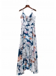 Floral Printed Spaghetti Strap Sleeveless High Waist Swing Maxi Dress