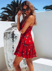 Fashion Floral Printed Spaghetti Strap High Waist Mini Dress With Bow