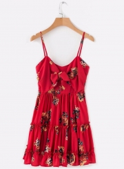 Fashion Floral Printed Spaghetti Strap High Waist Mini Dress With Bow