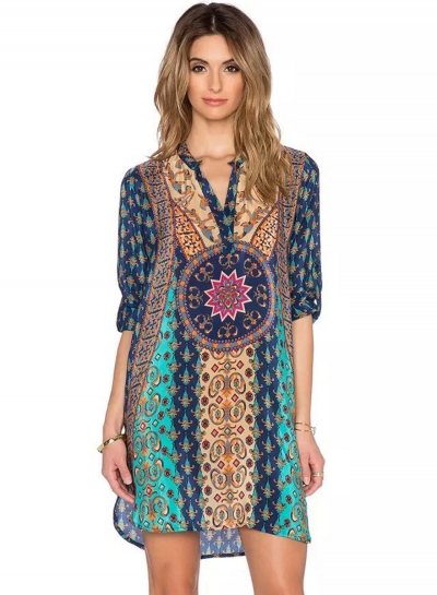 Casual Boho Vintage loose Printed Long Sleeve V Neck Women Dress YOUYOUFASHIONEC.com