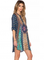 Casual Boho Vintage loose Printed Long Sleeve V Neck Women Dress