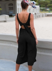 Fashion Sexy Loose Strap Backless Lace-up V Neck Jumpsuits