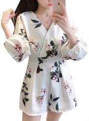 Fashion Floral Printed Shir High Waist V Neck Wide Leg Jumpsuits