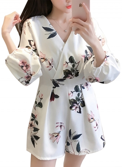 Fashion Floral Printed Shir High Waist V Neck Wide Leg Jumpsuits LEXELFASHIONINTSHOPS.com