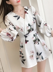 Fashion Floral Printed Shir High Waist V Neck Wide Leg Jumpsuits