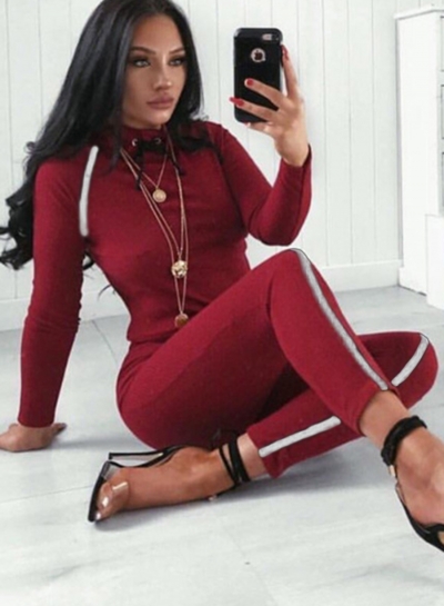 Fashion Color Blocked Long Sleeve Round Neck Lace-up Matching Set YOUYOUFASHIONEC.com