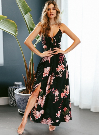 Fashion Floral Printed Strap Lace-up Slit Sleeveless V Neck Dress