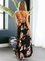 Fashion Floral Printed Strap Lace-up Slit Sleeveless V Neck Dress