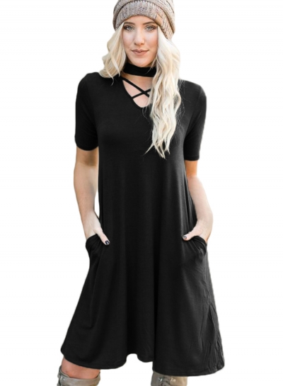 Black Casual Short Sleeve Criss Cross Neck Tee Dress With Pockets STYLESIMO.com