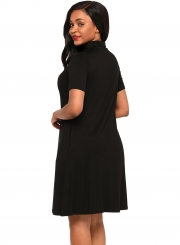 Black Casual Short Sleeve Criss Cross Neck Tee Dress With Pockets