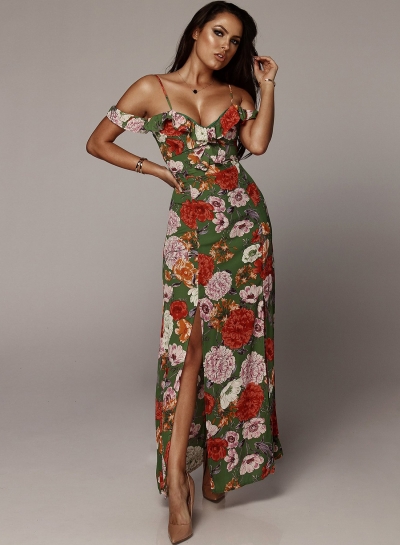 Sexy Boho Floral Printed Spaghetti Strap Ruffle Neckline Slit Maxi Dress